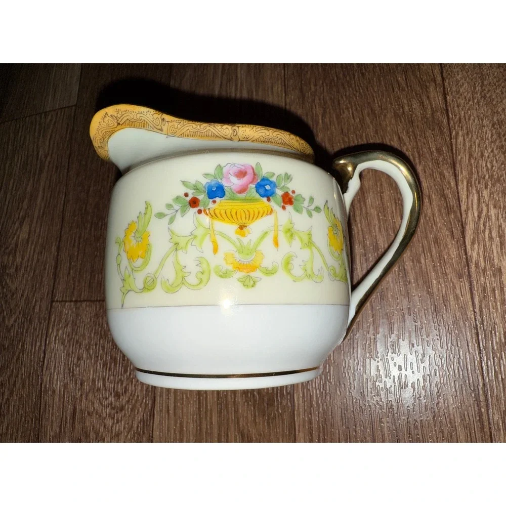 Vintage Cream Floral Sugar Bowl with‎ Lid and Creamer Set Made in Japan